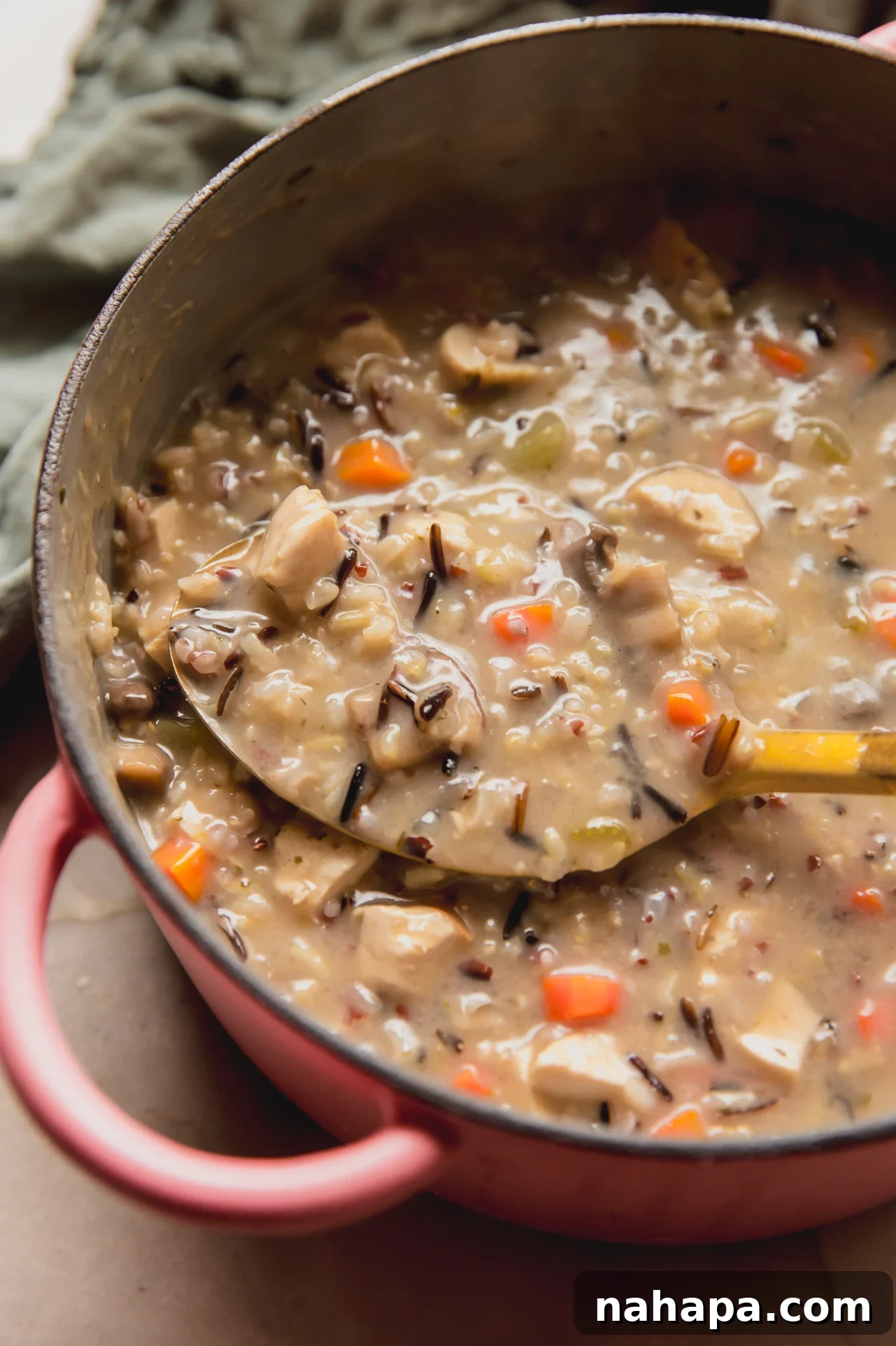 A vibrant bowl of creamy wild rice soup, artfully plated.