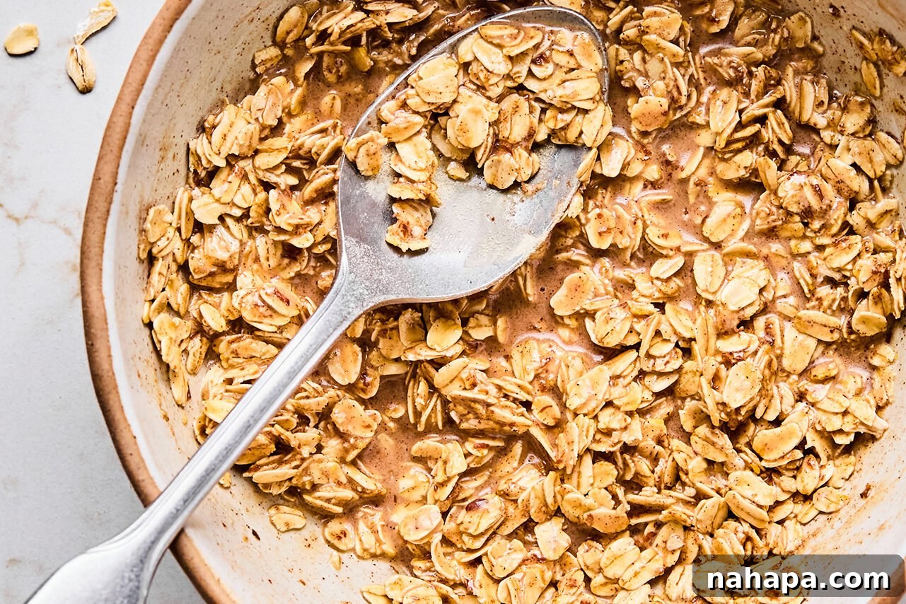 Protein-Packed Apple Crisp 5 A bowl filled with the mixture of oats, protein powder, cinnamon, maple syrup, almond milk, and coconut oil after being stirred with a metal spoon.