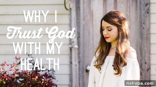 A woman in a white top looking down with text saying "why I trust God with my health" overlayed, symbolizing a reflective journey of faith and health.