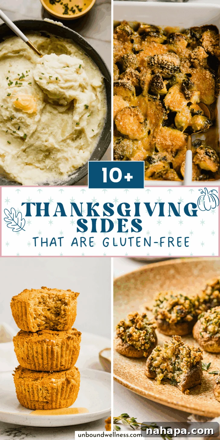 An inviting Thanksgiving spread featuring instant pot mashed potatoes, brussels sprouts, cornbread muffins, and stuffed mushrooms, alongside text emphasizing "Delicious Gluten-Free Thanksgiving Sides." This image inspires a healthy and inclusive holiday meal.