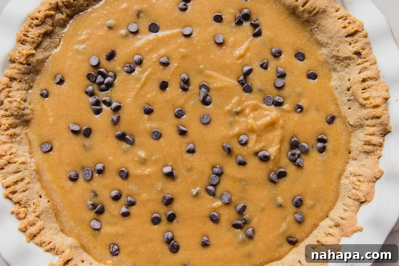 Decadent Gluten-Free Chocolate Chip Cookie Pie 6 An unbaked gluten-free chocolate chip cookie pie in a large white pie pan, with the rich filling spread evenly over the pre-baked crust.