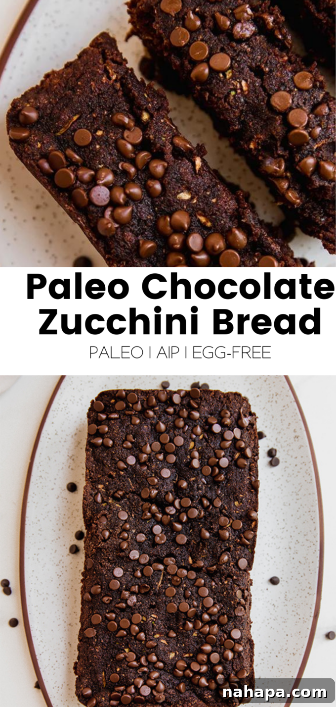 A stunning overhead shot of two slices of chocolate zucchini bread with a whole loaf in the background, garnished with chocolate chips.