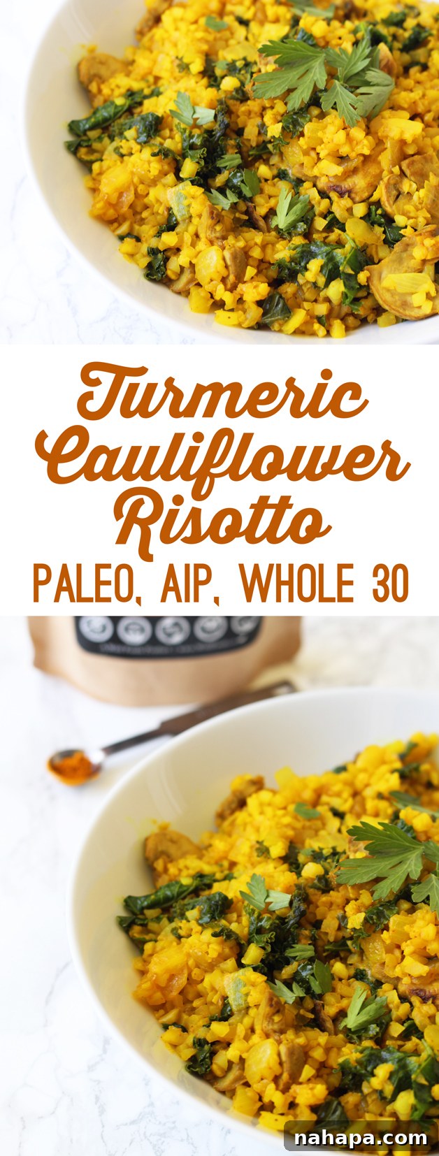 Turmeric Cauliflower Risotto (AIP, Paleo, Whole30) on a serving plate