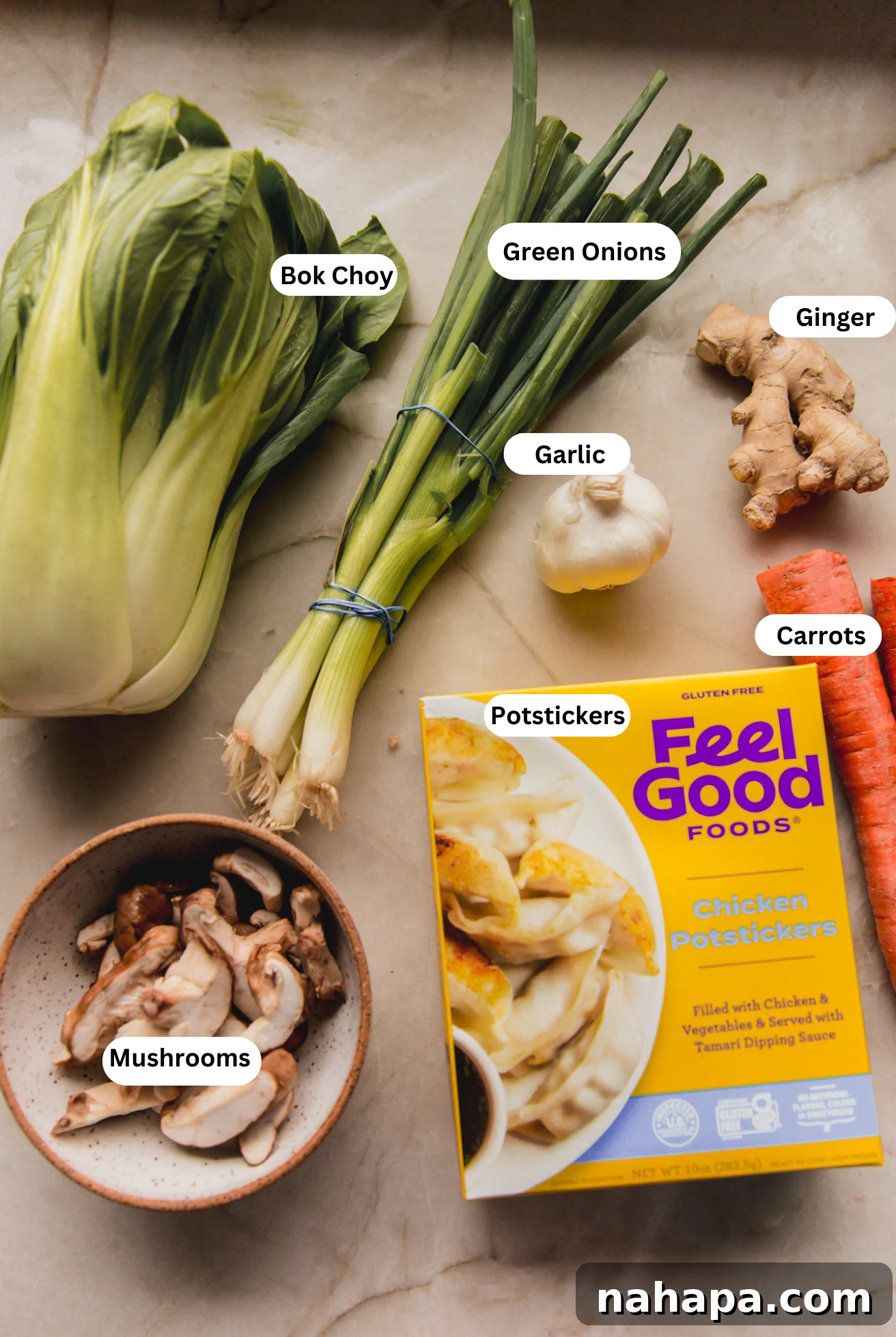 All the vibrant ingredients for potsticker soup, including bok choy, mushrooms, ginger, garlic, and gluten-free potstickers, arranged before cooking.