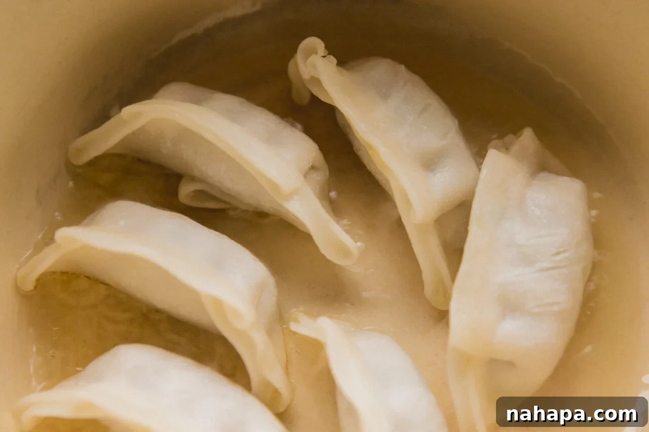 Potstickers arranged in a pan, ready for browning to achieve a crisp texture.