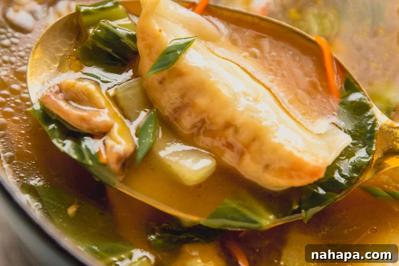 A metal serving spoon lifting a golden-brown potsticker from the rich, clear broth, surrounded by vibrant vegetables.