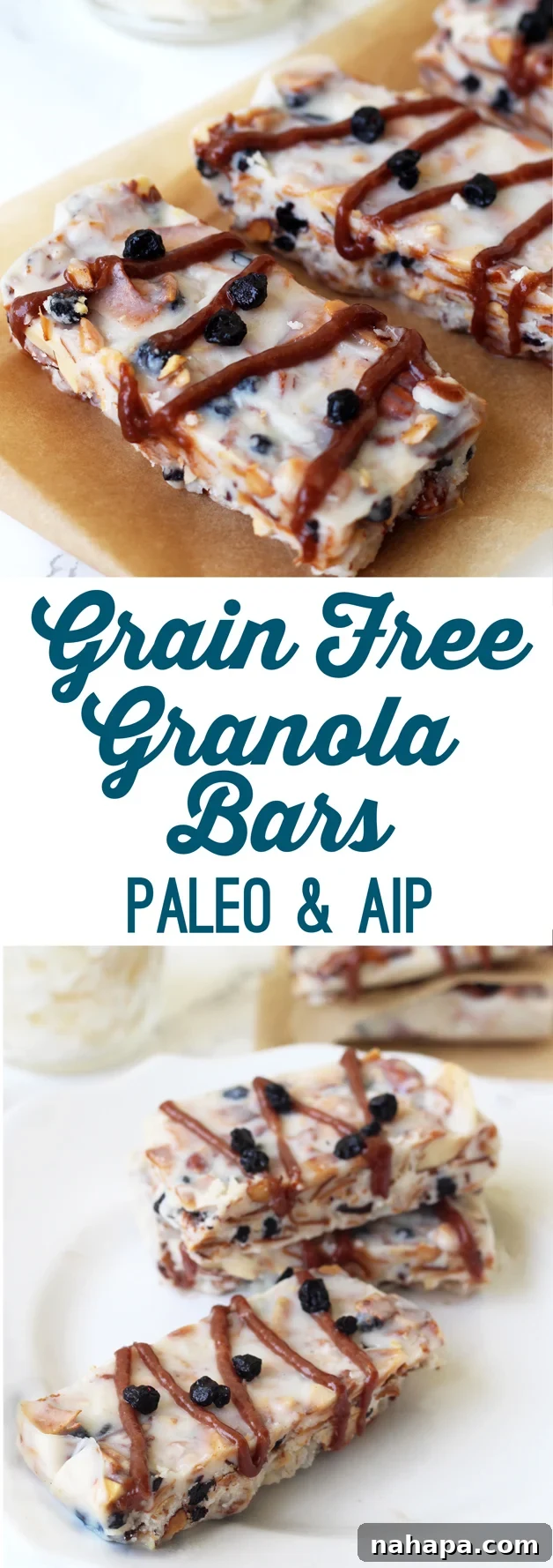 Grain Free Granola Bars (paleo & AIP) artfully arranged on parchment paper.