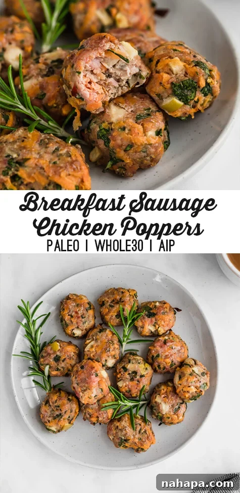 Pinterest graphic for Breakfast Sausage Chicken Poppers with text overlays