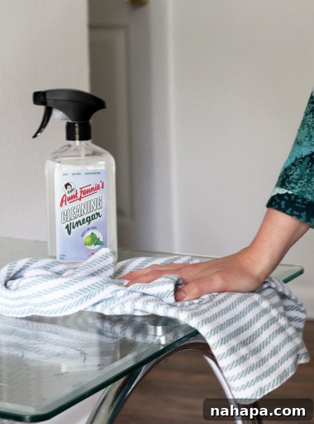 A bottle of Aunt Fannie\'s cleaning vinegar on a glass table with a cleaning cloth.
