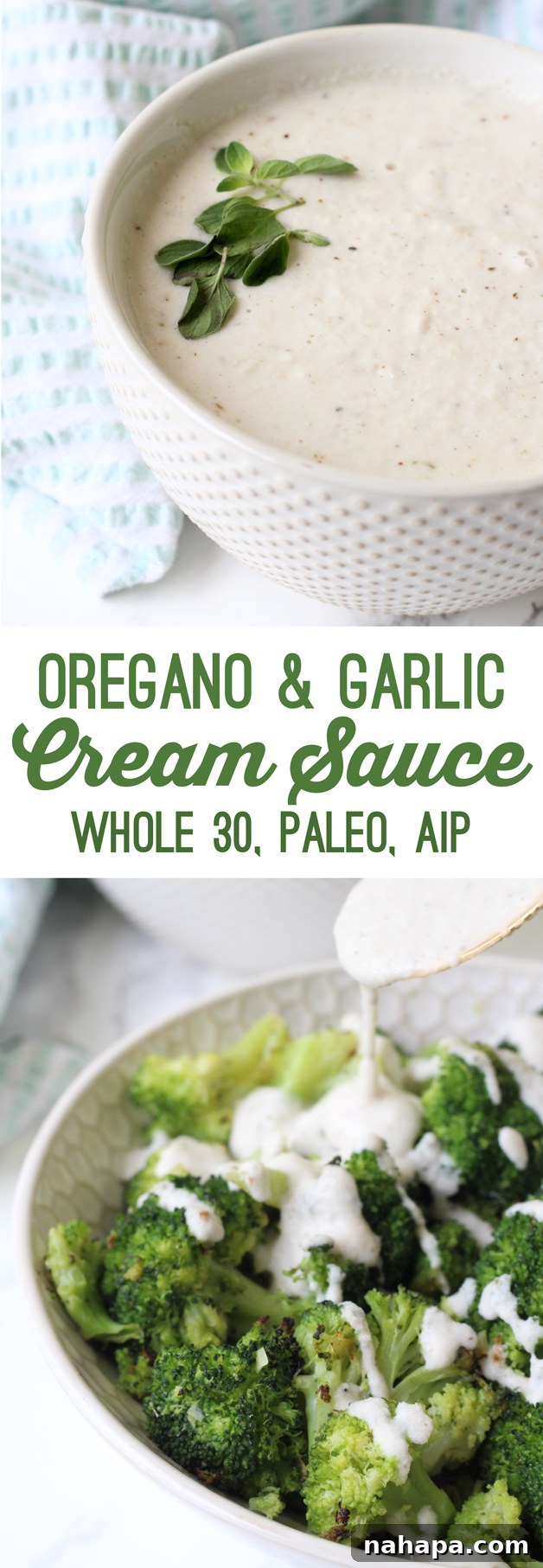 Indulgent Oregano Garlic Cream Sauce Whole30 Paleo AIP 3 Oregano Garlic Cream Sauce (Whole 30, Paleo, AIP) served generously over a bed of roasted vegetables, making a complete, flavorful meal.