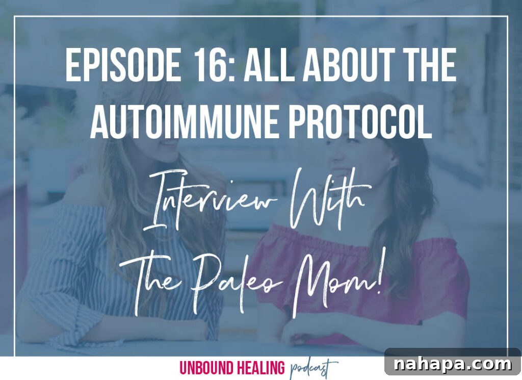 A blue background with white text overlaying saying "Episode 16: All about the Autoimmune Protocol Interview with The Paleo Mom"