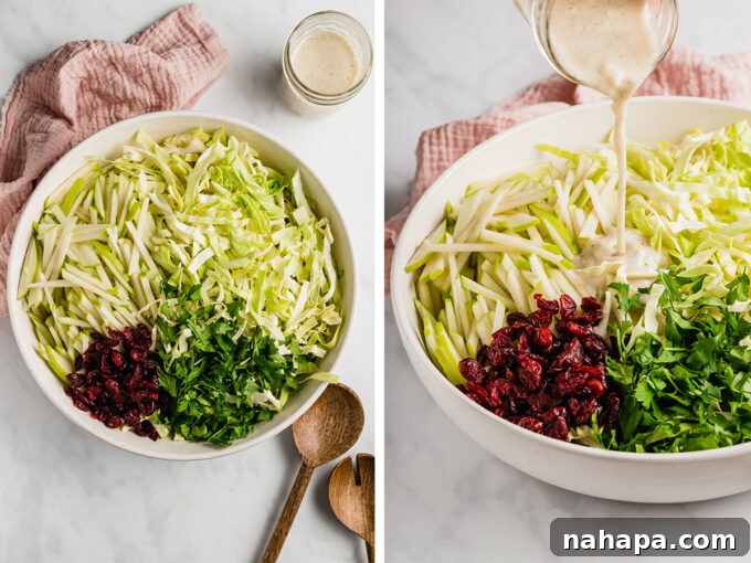 Pouring creamy dressing over Thanksgiving coleslaw ingredients in a large mixing bowl