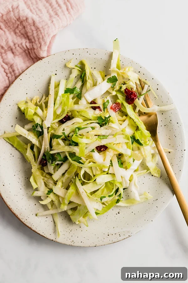 Thanksgiving coleslaw served on a white plate with a fork, ready to eat