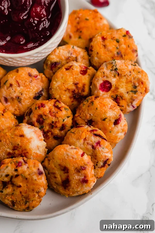 Close up of cooked Cranberry Sweet Potato Turkey Poppers