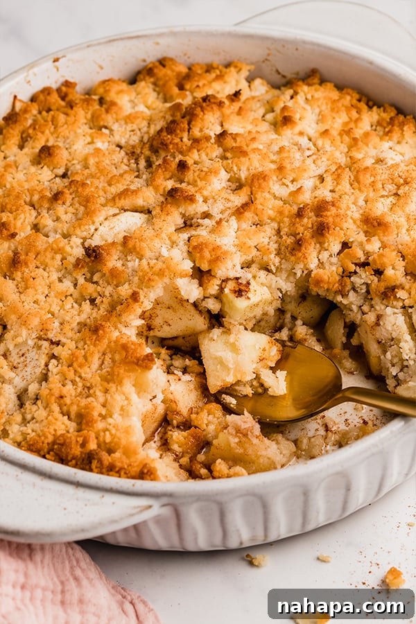 Warm paleo apple crisp in a baking dish with a serving spoon, showcasing its golden brown topping and tender apple filling.