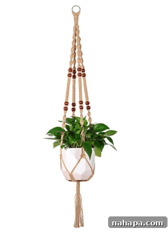 Paleo Holiday Gift Guide 13 A beautifully crafted macrame plant hanger, featuring intricate knotwork and decorative wooden beads, suspends a vibrant green plant. The natural fibers and earthy tones create a serene, bohemian aesthetic.