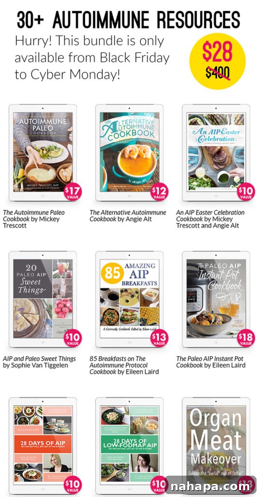 Paleo Holiday Gift Guide 15 A collage displaying the covers of six different AIP-focused cookbooks and resource guides from The Complete Autoimmune Wellness Resource Library Bundle. Titles like 'The AIP Instant Pot Cookbook' and '85 Amazing AIP Breakfasts' are prominently featured, showcasing the diverse and comprehensive content available in the bundle.