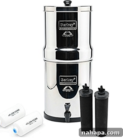 Paleo Holiday Gift Guide 5 A gleaming silver Berkey water filter stands tall, with additional black filter elements displayed next to it. This image highlights the robust construction and comprehensive filtration capabilities of the system.