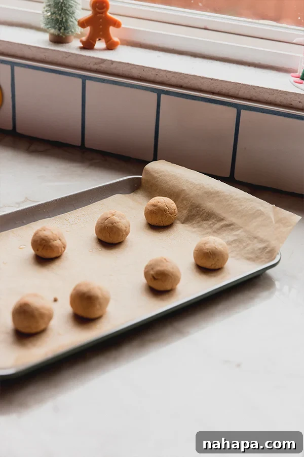 Raw gingerbread donut holes rolled out and perfectly spaced on a parchment-lined baking sheet, ready for the oven.