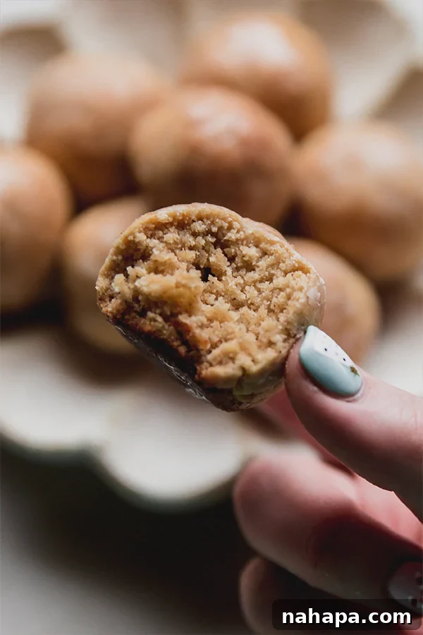 A hand holds a freshly baked gingerbread donut hole, with a small bite taken out, showing its fluffy, spiced interior.