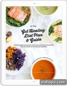 Various shots of appealing, healthy food with text overlay: "30 Day Gut Healing Diet Plan & Guide".