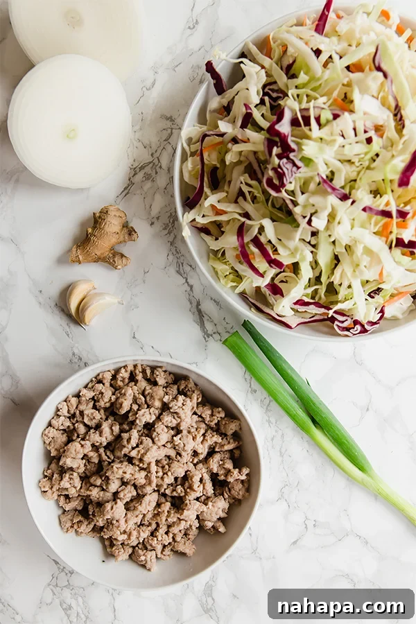 Assortment of fresh ingredients for Egg Roll in a Bowl