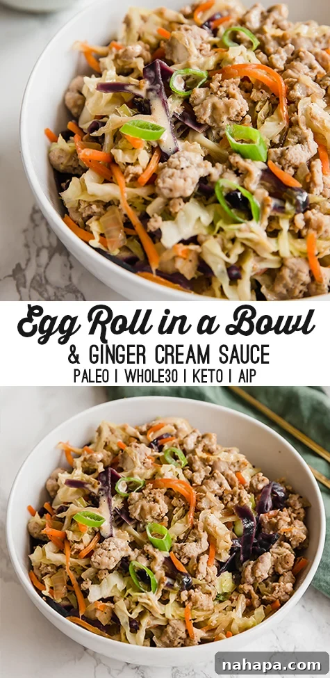 Large image of Egg Roll in a Bowl with Ginger Cream Sauce, perfect for Pinterest