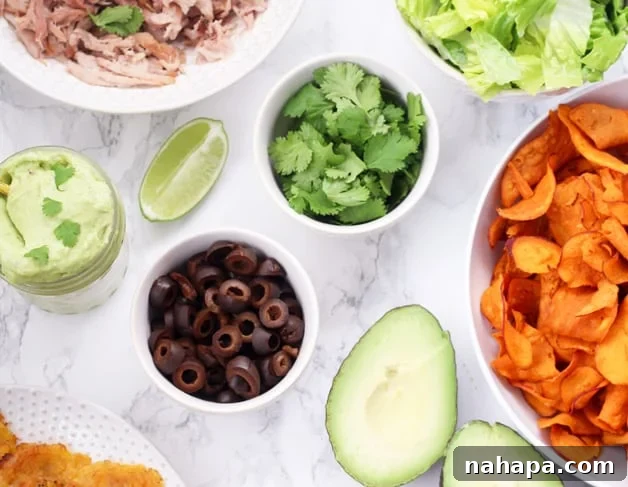 The Ultimate Super Bowl Paleo Nacho Bar Whole30 and AIP 3 A beautifully arranged spread of Paleo Nacho Bar ingredients, including tender carnitas, crunchy plantain chips, vibrant mango salsa, creamy avocado sauce, and fresh herbs.