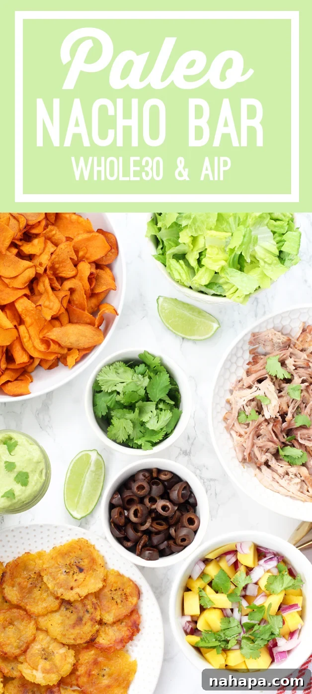 The Ultimate Super Bowl Paleo Nacho Bar Whole30 and AIP 5 A vibrant, full spread of a Super Bowl Party Paleo Nacho Bar, showcasing all the ingredients beautifully presented and ready for guests to build their own delicious and healthy nachos (Whole30 & AIP compliant options).