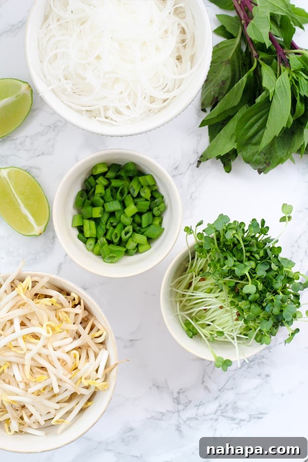 A beautifully arranged counter with various pho add-ins: fresh sprouts, vibrant green onions, bean sprouts, lime wedges, and other fresh herbs, awaiting their transformation into delicious pho bowls.