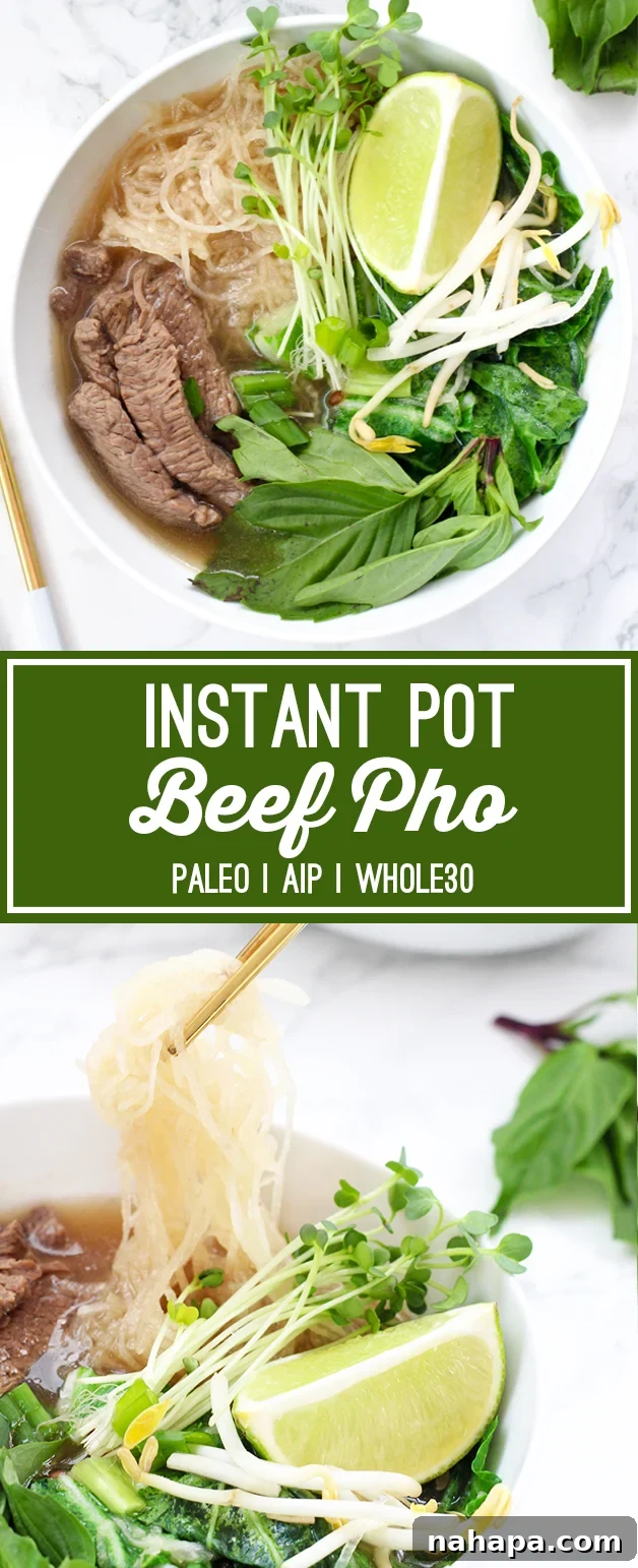 A feature image of the Instant Pot Beef Pho, highlighting its appeal as a Paleo, Whole30, and AIP compliant meal, with vibrant ingredients and a wholesome presentation.