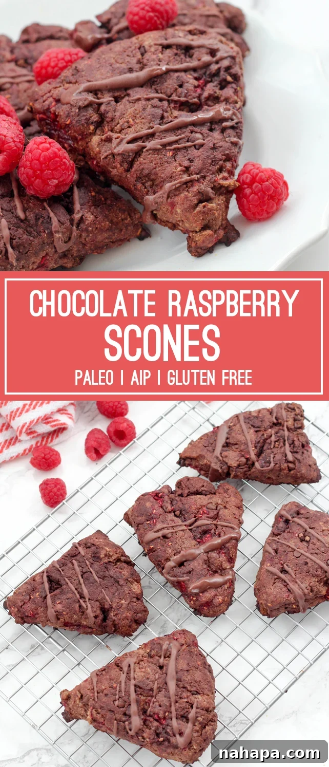 Paleo Chocolate Raspberry Scones (AIP, Valentine's Day) arranged artistically for a photoshoot.