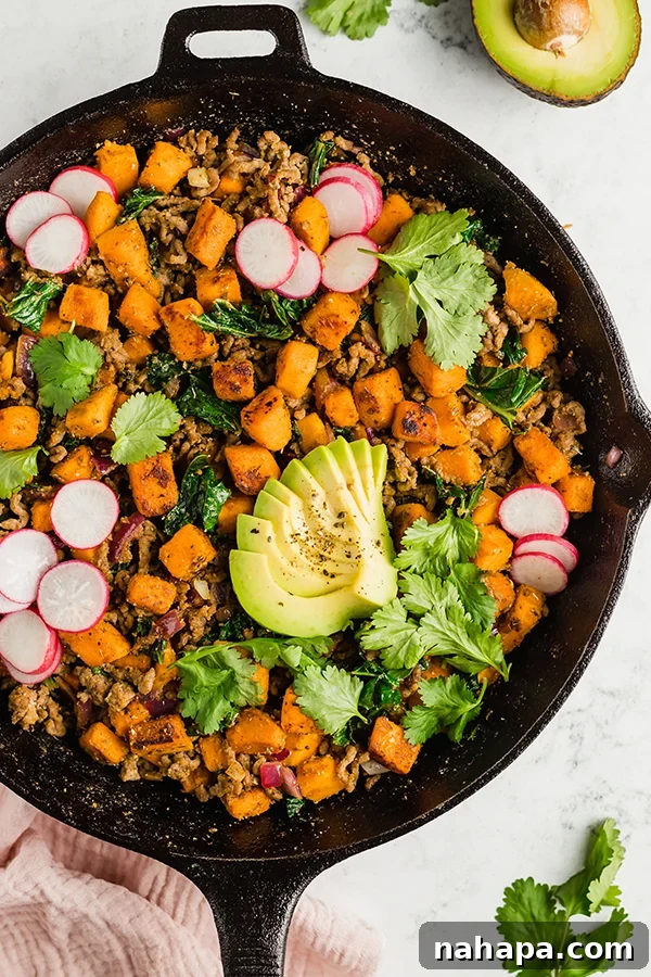 Wholesome Mexican Breakfast Skillet Paleo Whole30 AIP Egg Free 2 Delicious Mexican Breakfast Skillet with ground beef, sweet potatoes, and fresh garnishes