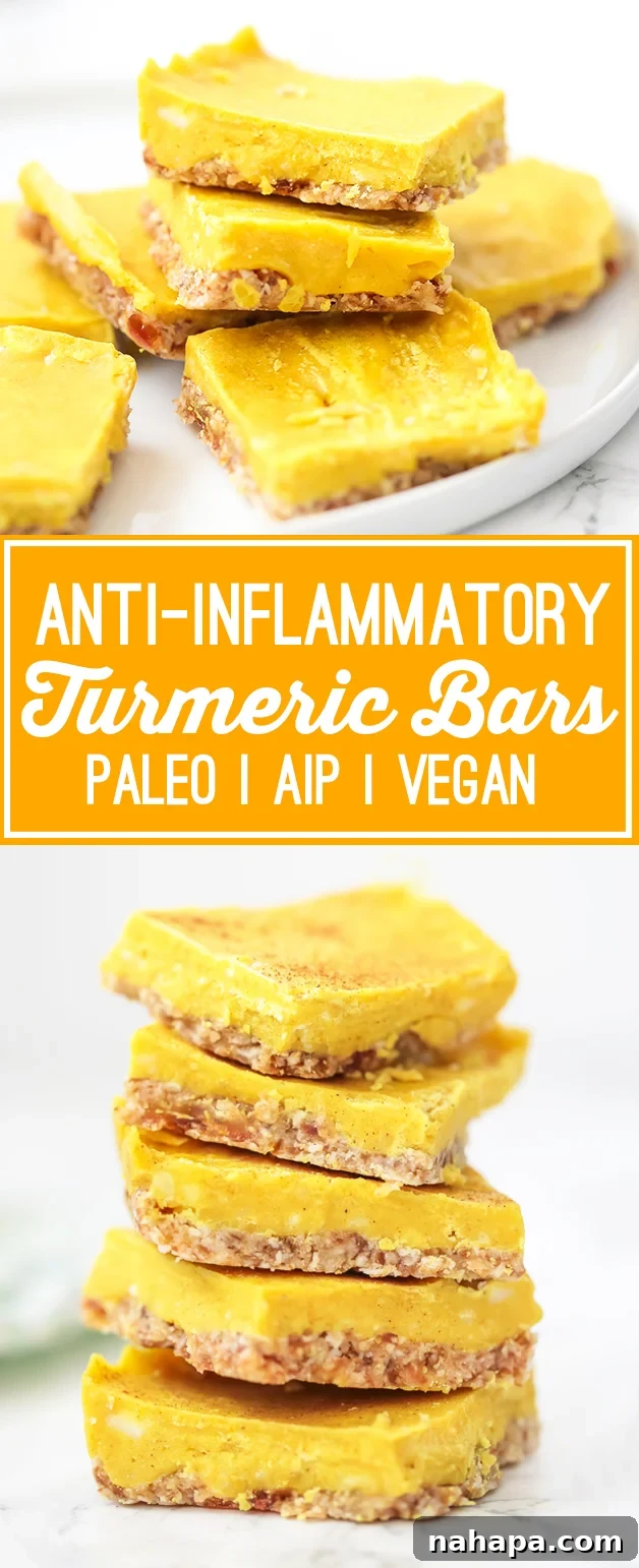 Turmeric bars stacked with text reading "anti-inflammatory turmeric bars paleo AIP vegan" next to it, inviting readers to try this healthy recipe.