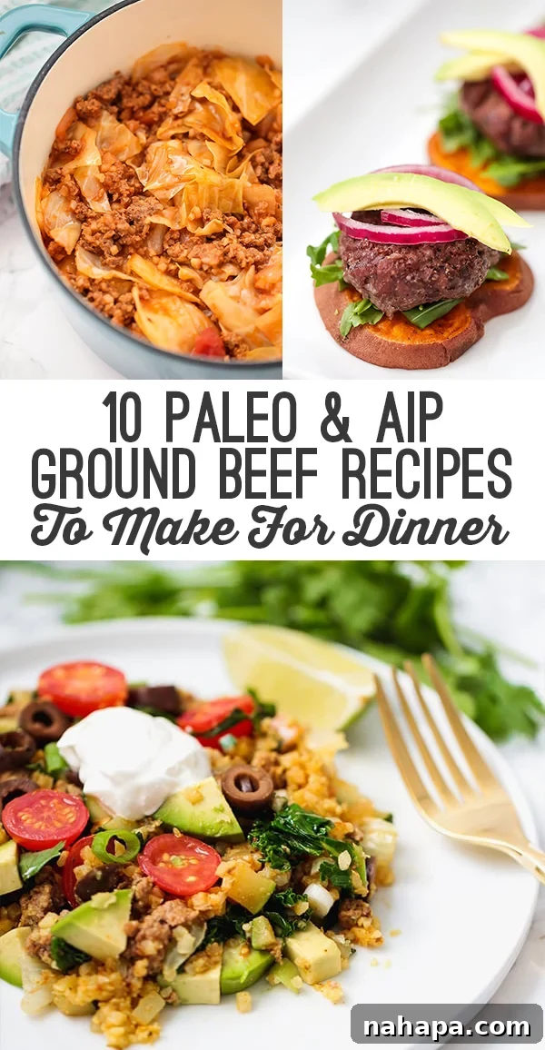A vibrant collage of various ground beef dishes, showcasing their diversity and appeal for Paleo and AIP diets.