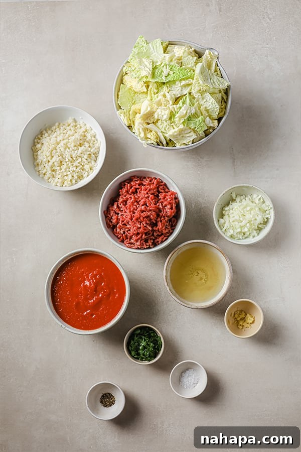Cabbage roll ingredients in separate bowls. 