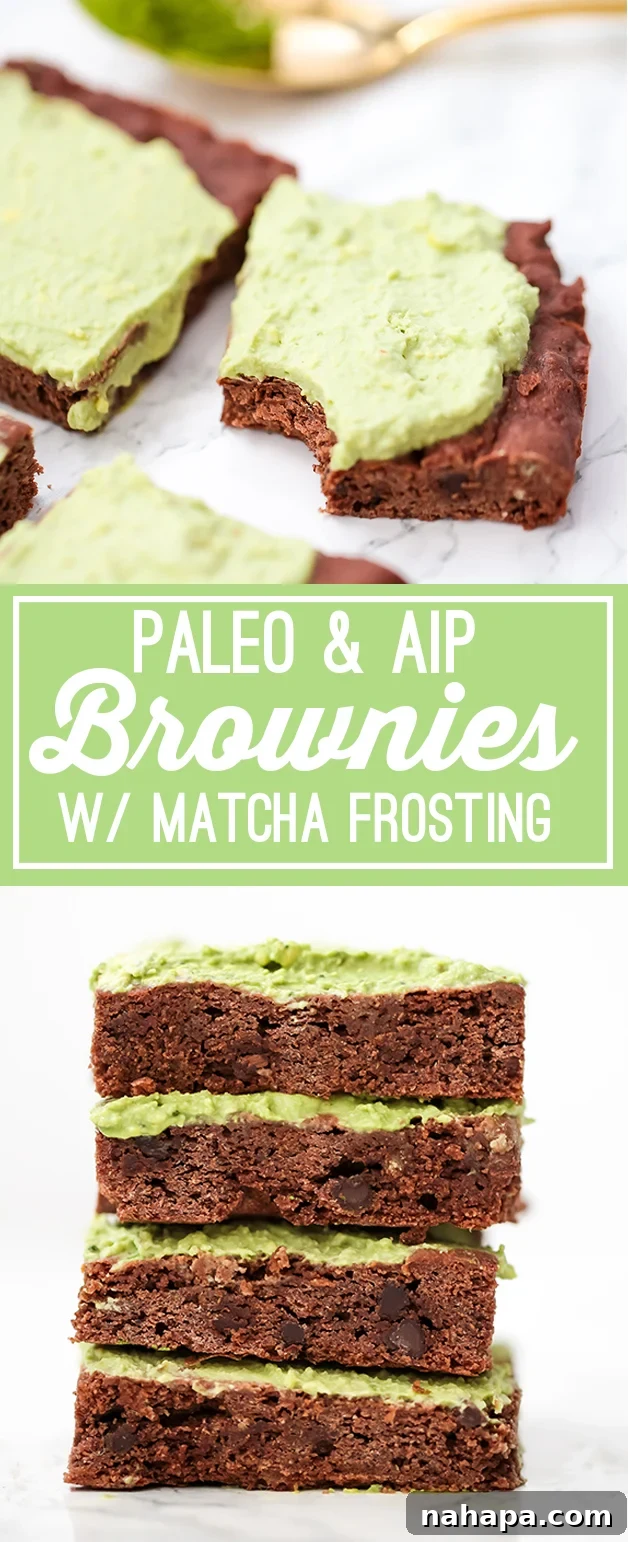 Paleo Brownies with Matcha Frosting (AIP) – a close-up pin-worthy image of a stack of brownies.