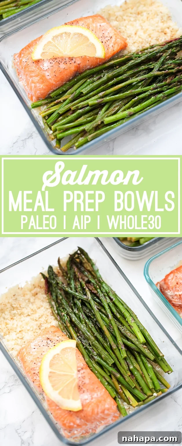 Healthy Paleo AIP Whole30 Salmon Meal Prep Bowls 8 Meal prep containers filled with salmon, asparagus, and cauliflower rice, with text overlay saying "Salmon Meal Prep Bowls Paleo AIP Whole30" for social sharing.