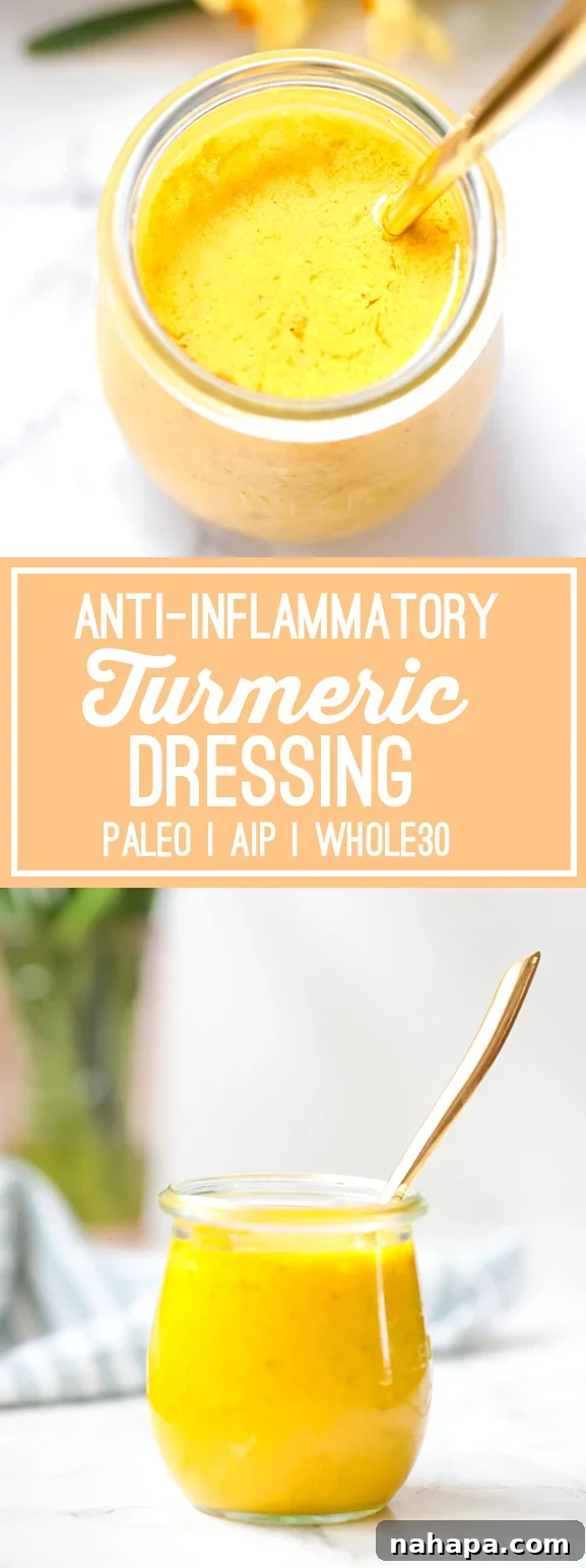 Clean Eating Turmeric Dressing 5 Anti-inflammatory Turmeric Dressing in a jar with various ingredients around it.