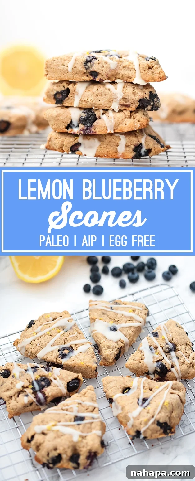 Lemon blueberry scones on a cooling rack with text saying "lemon blueberry scones paleo AIP egg-free" next to it.