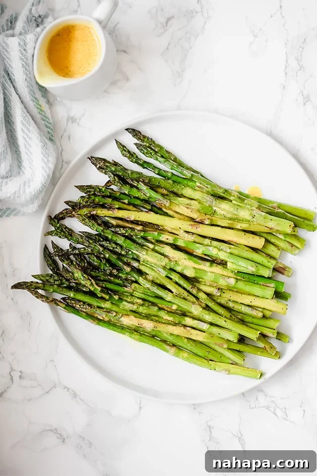 A beautifully arranged white plate showcasing perfectly roasted asparagus spears.