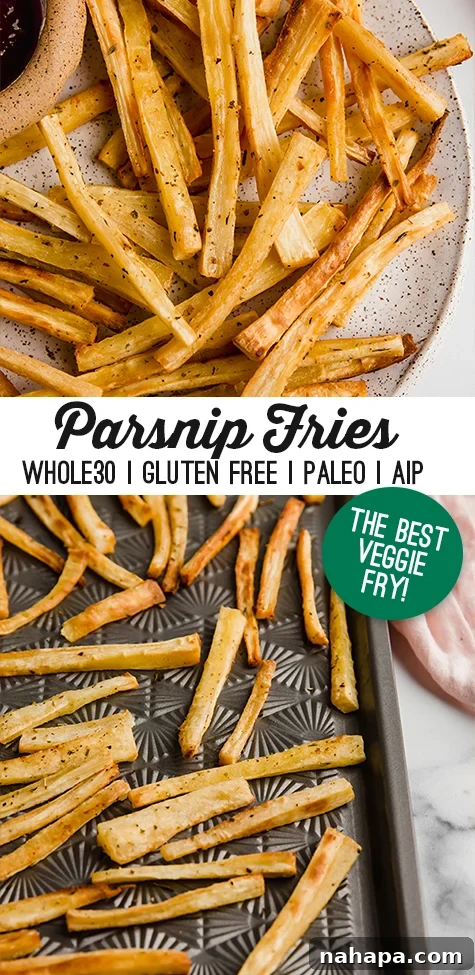A Pinterest-optimized image featuring a plate of baked parsnip fries with dipping sauce, showcasing the recipe's Paleo, AIP, Whole30, nightshade-free, and vegan benefits.