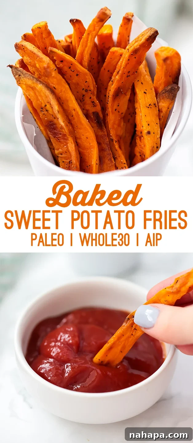 Guilt-Free Baked Sweet Potato Fries 5 A white cup filled with golden-brown, crispy baked sweet potato fries, with text overlay reading "Baked Sweet Potato Fries, Paleo, Whole30, AIP"