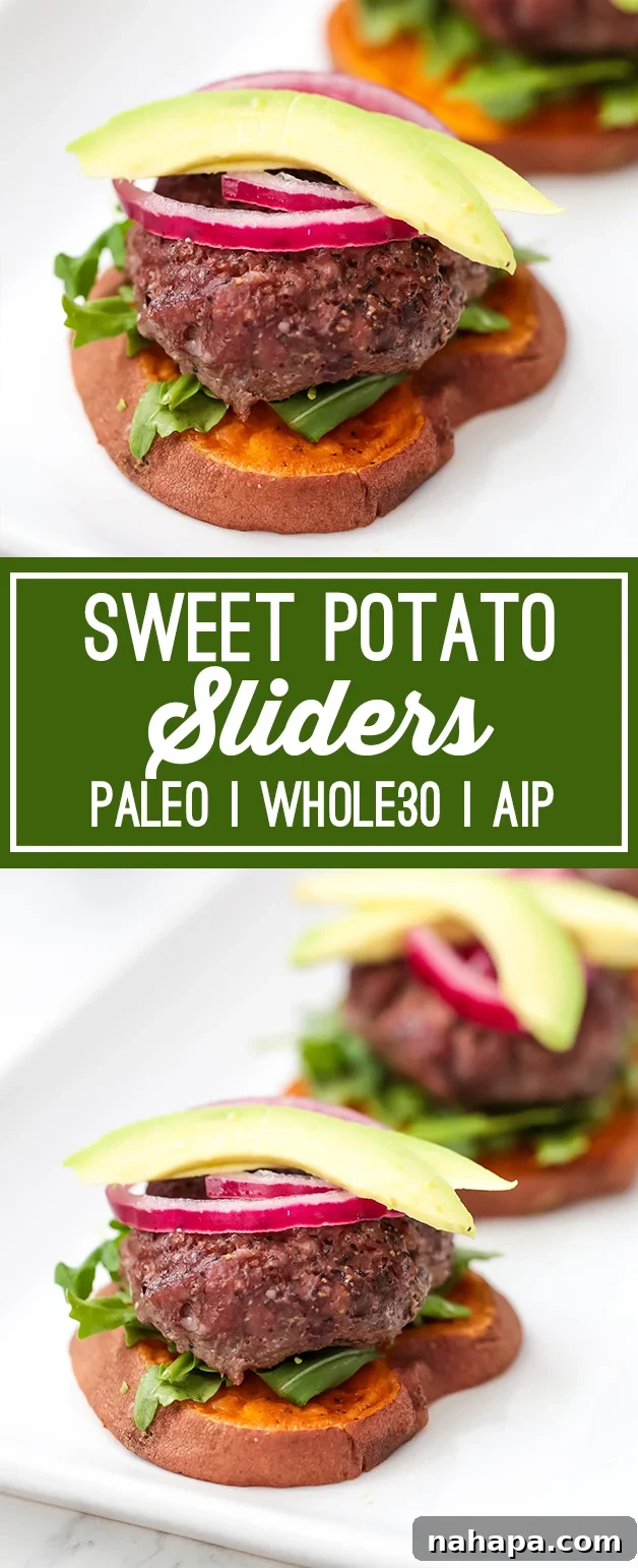 Promotional image for sweet potato sliders, featuring a single slider on a sweet potato bun with toppings, next to sweet potato fries and arugula. Text overlay reads 'sweet potato sliders Paleo Whole30 AIP'.