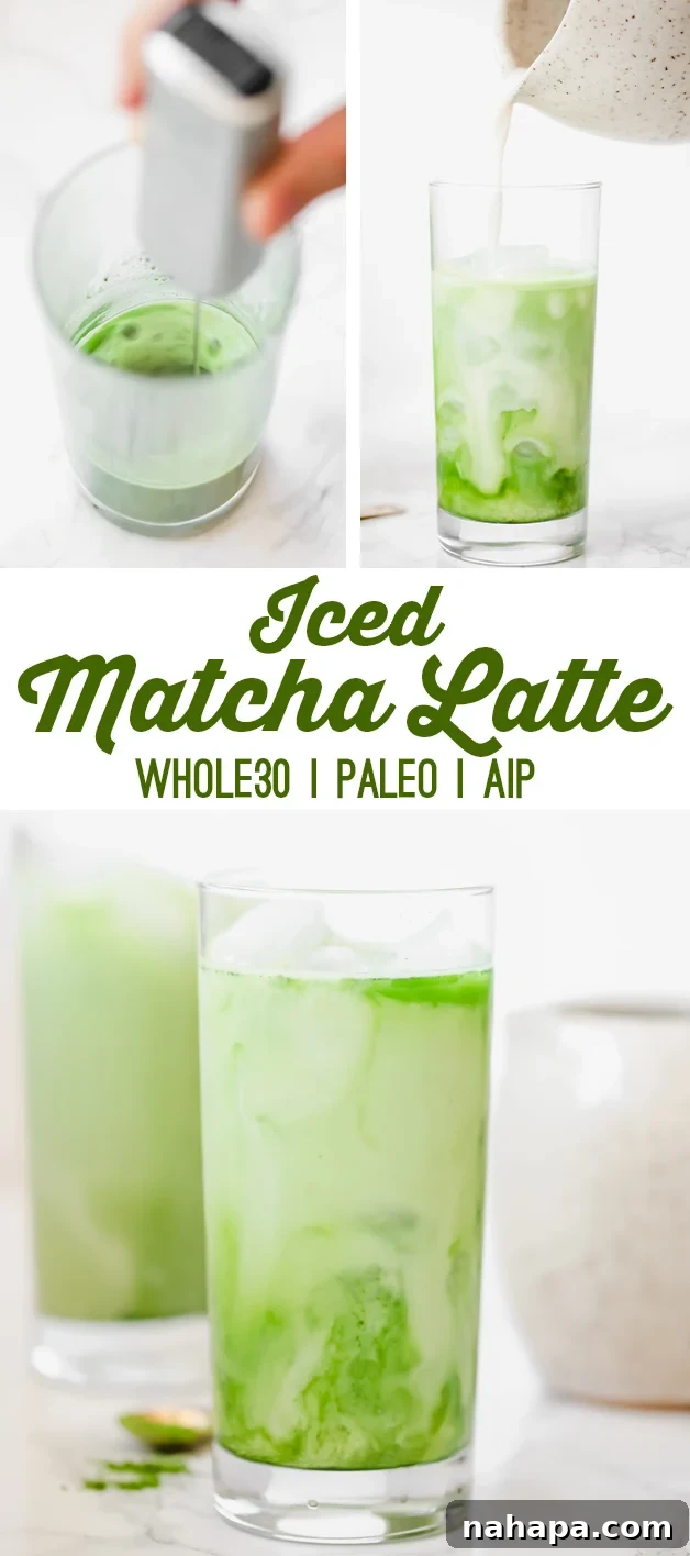 A large vertical Pinterest-style image showing a glass of iced matcha latte on a wooden surface next to some fresh matcha powder and a whisk.