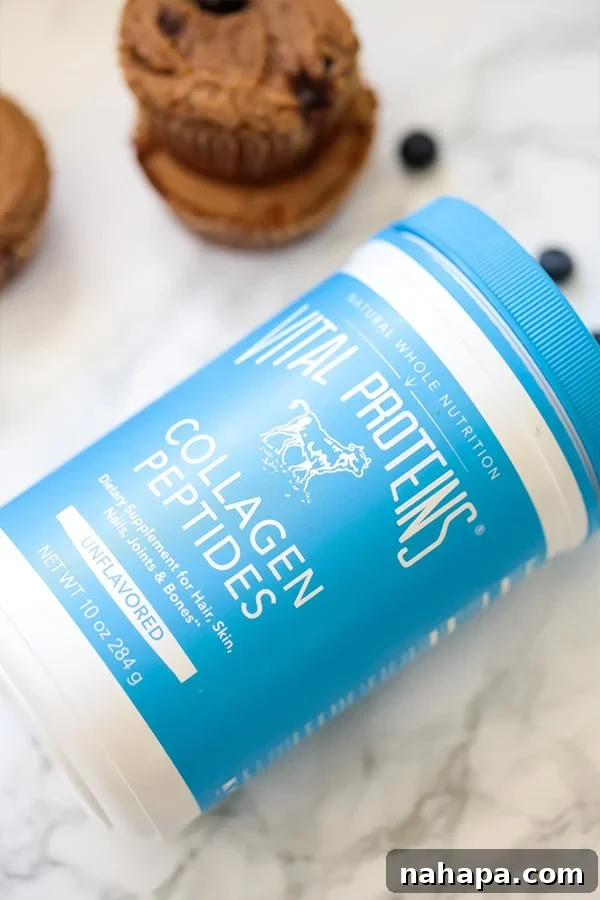 Wholesome Paleo AIP Egg-Free Blueberry Banana Muffins 4 A jar of Vital Proteins collagen peptides lying on a counter.