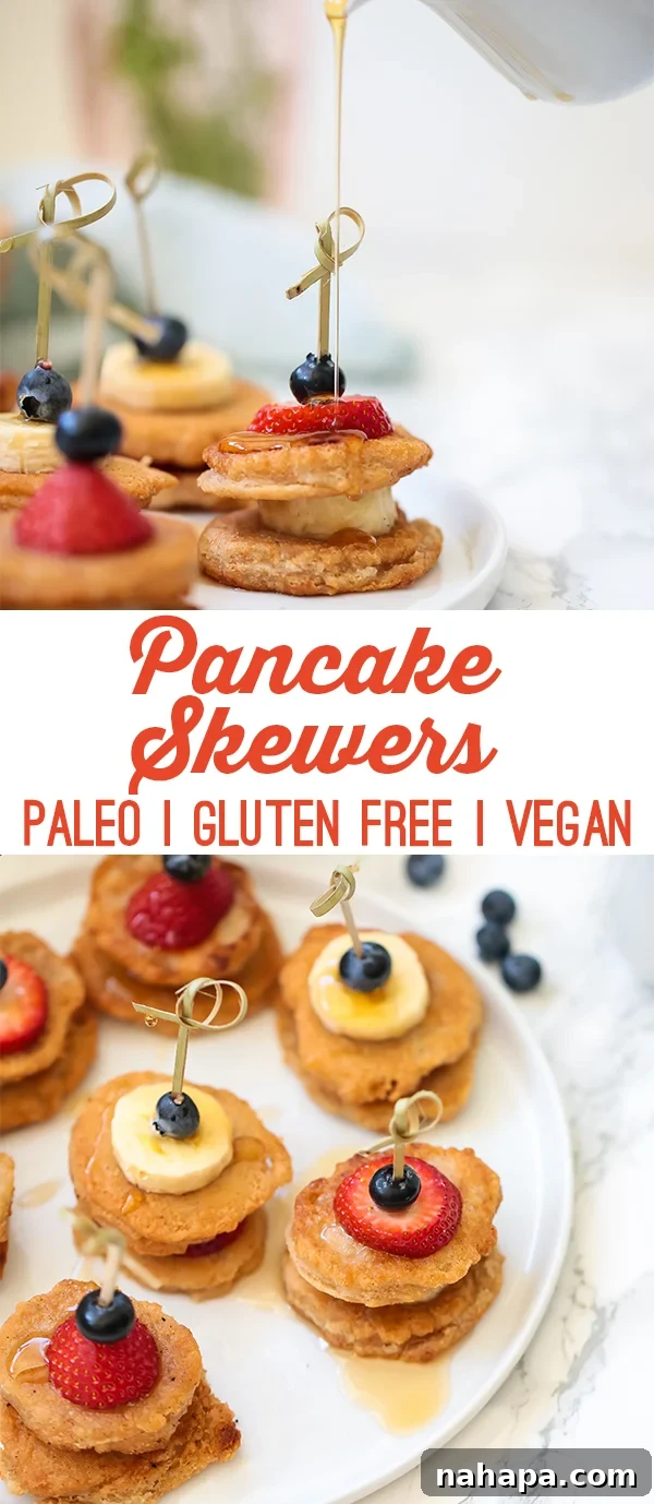 Delicious Paleo Vegan Gluten Free Pancake Skewers 7 A white plate with mini pancakes on skewers with fresh fruit and text that reads \"pancake skewers paleo gluten free vegan\" next to it.