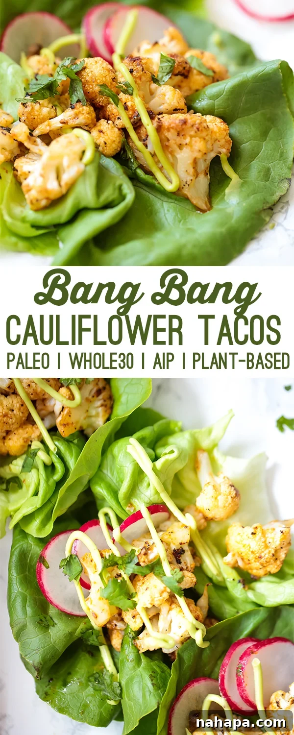 A stunning top-down shot of Bang Bang Cauliflower Tacos (Paleo, AIP, Whole30, Plant-based), showcasing the rich colors and textures of the roasted cauliflower, fresh greens, and creamy sauce, artfully arranged to entice.