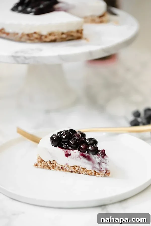 Creamy Dairy-Free Blueberry Lavender Cheesecake AIP Paleo 4 A slice of blueberry lavender cheesecake topped with blueberries on a white plate with a fork next to it.