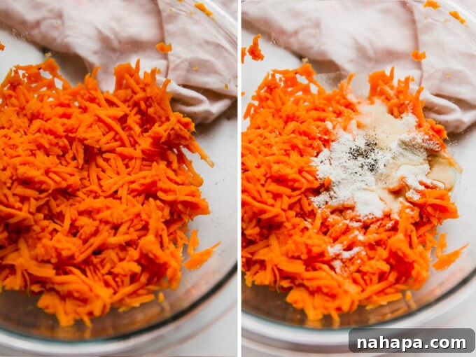 a side by side photo of shredded sweet potato in a bowl, and sweet potato with flour and seasonings in a bowl.